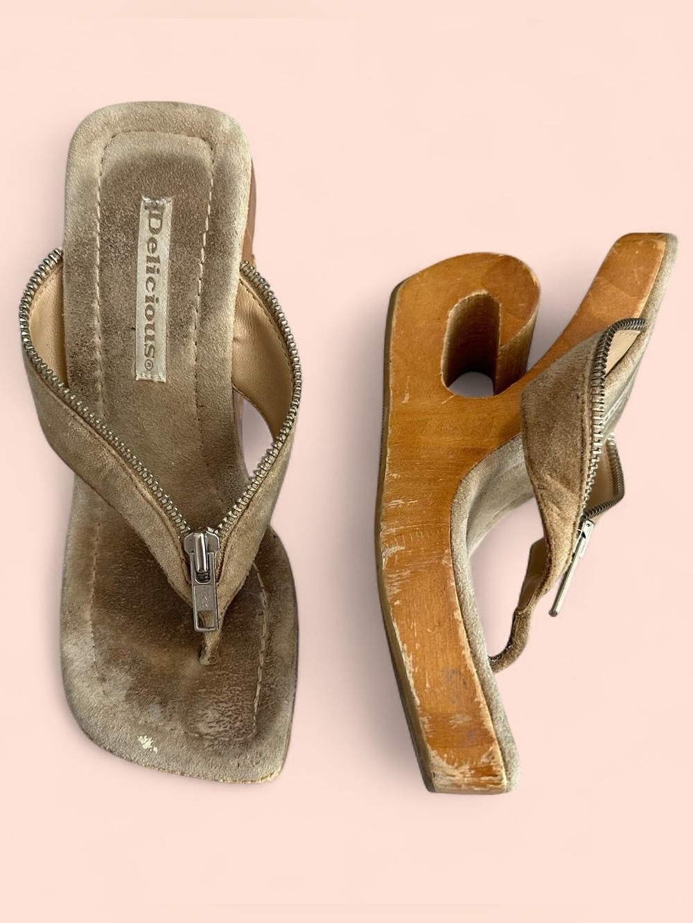 Vintage Y2K Delicious Zip Front Wood Sculptural Wedge Sandals